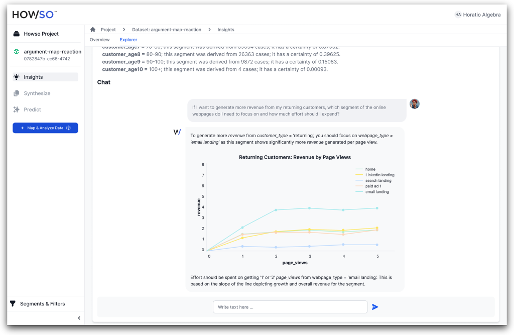 Howso's data insights chat interface.